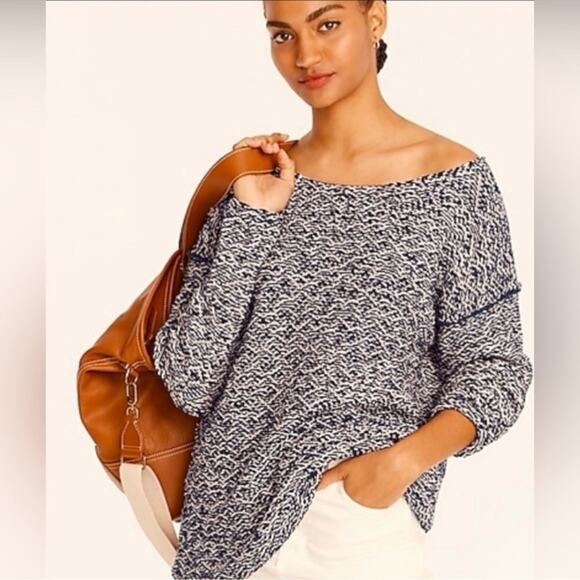 J. Crew Relaxed Wideneck Boxy Thick Textured Knit Sweater Navy M Preppy Minimal - Picture 2 of 14